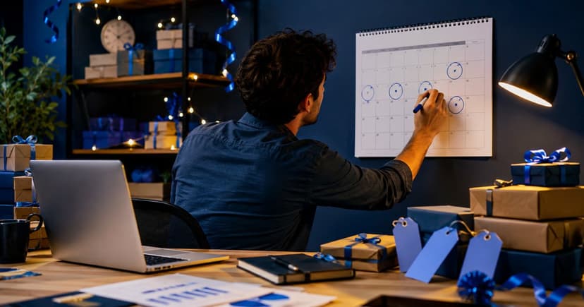 Persona marcando fechas en un calendario mientras organiza paquetes envueltos en azul para Prime Day