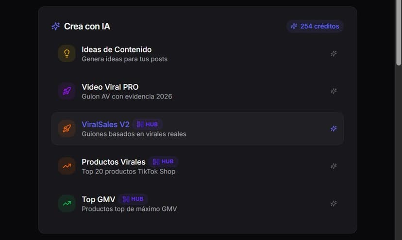 Panel oscuro de IA con opciones para crear guiones virales en TikTok Shop como ViralSales V2 y Video Viral PRO
