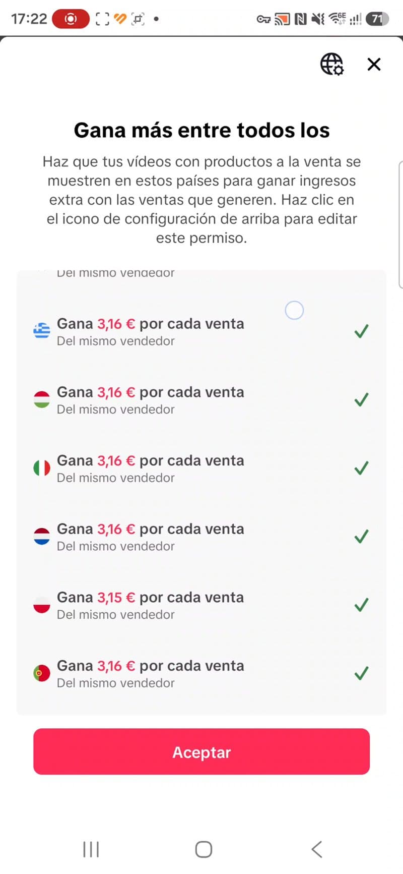 Pantalla de TikTok Shop con lista de países europeos y ganancias alrededor de 3,16 € por cada venta, botón Aceptar