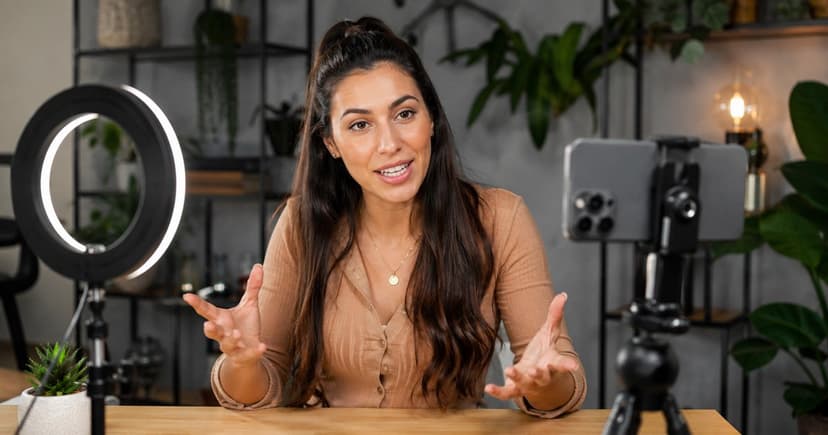 Creadora gesticulando frente a un smartphone y aro de luz mientras graba contenido