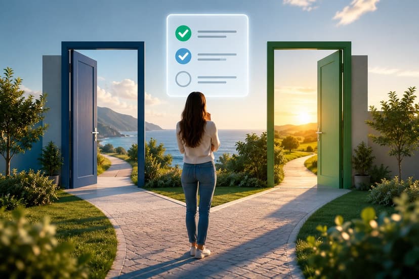 Mujer de espaldas dudando entre dos puertas abiertas con caminos diferentes y una lista de opciones flotante
