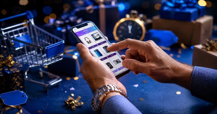 Mano navegando ofertas de electrónica en un móvil con carrito, reloj y regalos azules de Prime Day al fondo