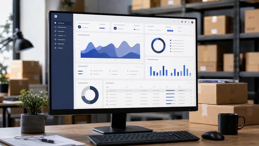 Pantalla con panel de analíticas y gráficos de ventas en un escritorio con cajas de almacén