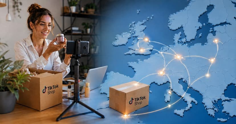 Creadora de contenido sostiene un frasco frente a cajas con logo TikTok Shop y mapa de Europa con rutas de envío