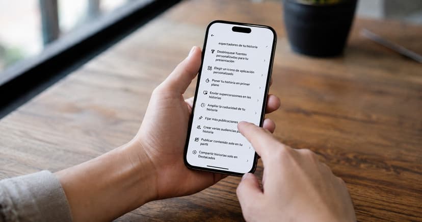 Manos sosteniendo un smartphone que muestra un menú de opciones de historias y ajustes en español Manos sosteniendo un smartphone que muestra un menú de opciones de historias y ajustes en español