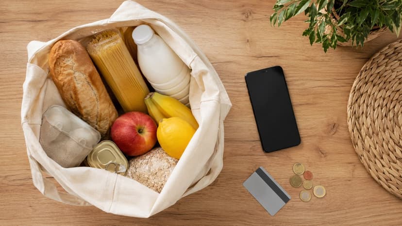 Bolsa con alimentos básicos (pan, leche, fruta, pasta) junto a móvil, tarjeta y monedas en una mesa Bolsa con alimentos básicos (pan, leche, fruta, pasta) junto a móvil, tarjeta y monedas en una mesa