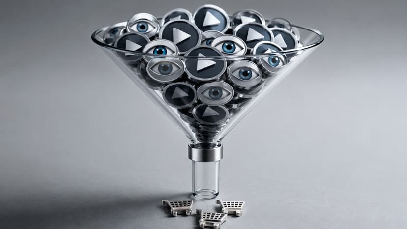 Embudo de vidrio con iconos de reproducción y ojos que caen hacia pequeños carros de compra Embudo de vidrio con iconos de reproducción y ojos que caen hacia pequeños carros de compra