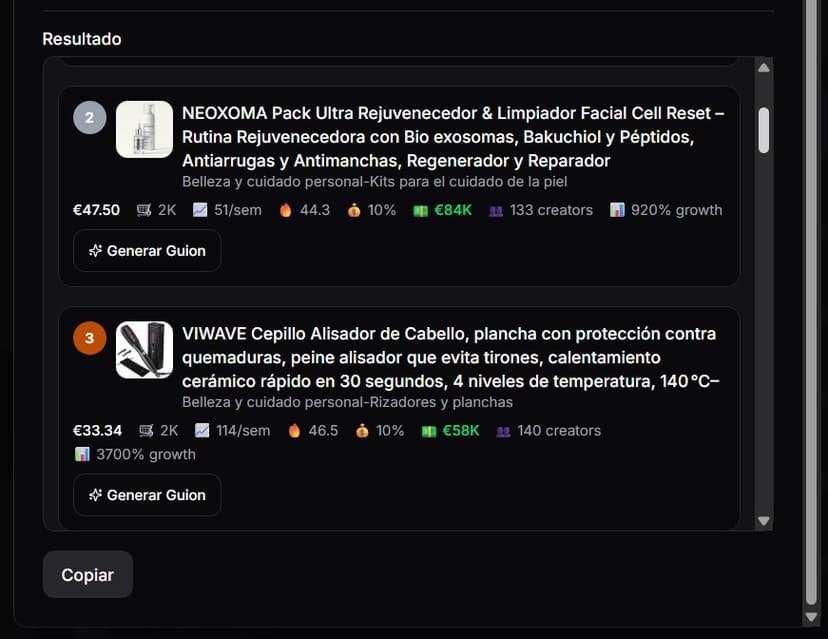 Pantalla con lista de productos y métricas de ventas en TikTok Shop mostrando precios, crecimiento y botón Generar Guion Pantalla con lista de productos y métricas de ventas en TikTok Shop mostrando precios, crecimiento y botón Generar Guion
