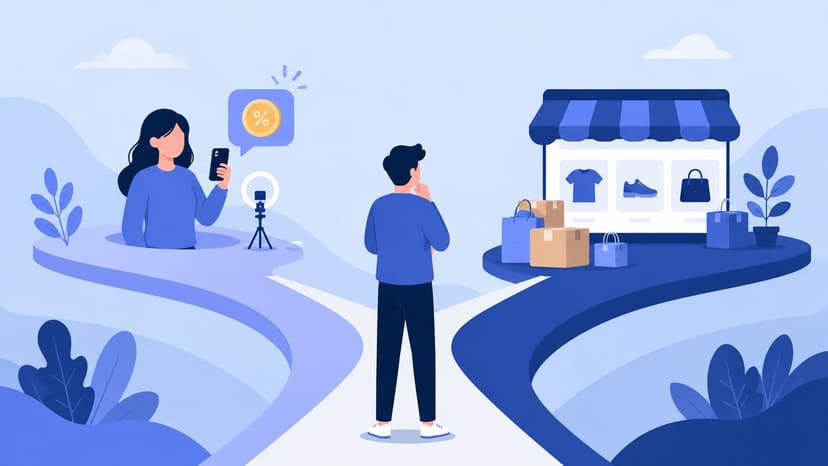Persona en un cruce entre una creadora con móvil y anillo de luz y una tienda online con escaparate y paquetes Persona en un cruce entre una creadora con móvil y anillo de luz y una tienda online con escaparate y paquetes